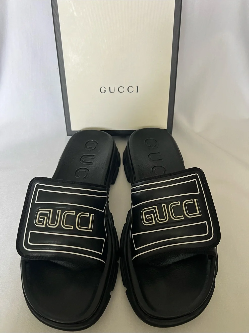 Gucci Black and White Logo Slide Sandals